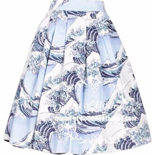 40- vintage 50s Japan The Great Wave pleated swing skirt rockabilly pinup skirts plus size 4xl saia faldas