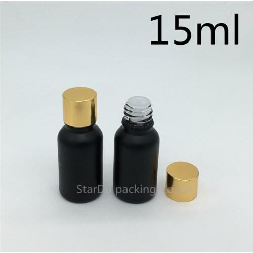 480pcs 15ML Black Frosted Glass Bottle Vials Essential Oil Bottle Shining Gold Aluminum screw cap Perfume bottle