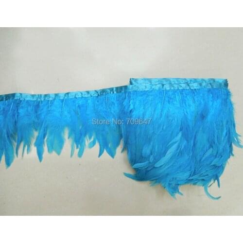 Turquoise Rooster feathers sewn on fringe/ribbon/trim,10yards/lot,4-6inches 10-15cm long,feather trim for craft/clothing