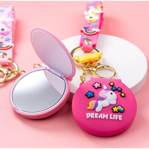 Cartoon PVC Unicorn Keychain Green Pink Yellow Blue Mini Portable Mirror Pendant Cute Bag Car Key Ring Men Women Couple Lanyard