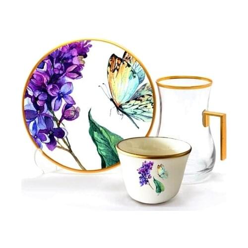 Drop Efe Handled Tea & Arabian Coffee Cup Set 18 Pieces Butterfly