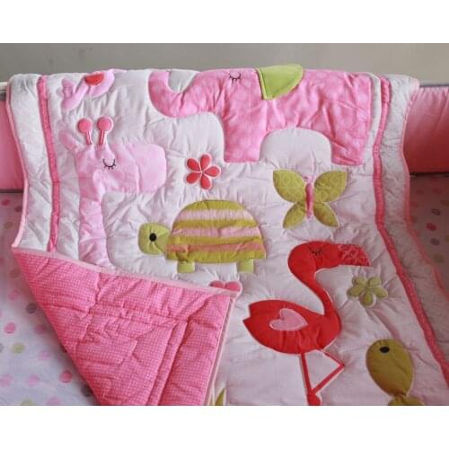 Pink Sarafi Animals Polka Dots baby Girl Crib Nursery bedding set Cot kit set Applique 3D Quilt Bumpers Sheet Skirt Blanket