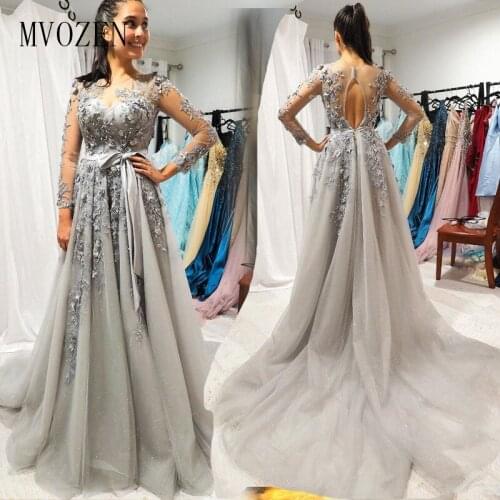 Vestidos Silver Long Evening Dress Jewel Neck Full Sleeves Floor Length Formal Gowns 3D Flower Evening Dresses vestidos