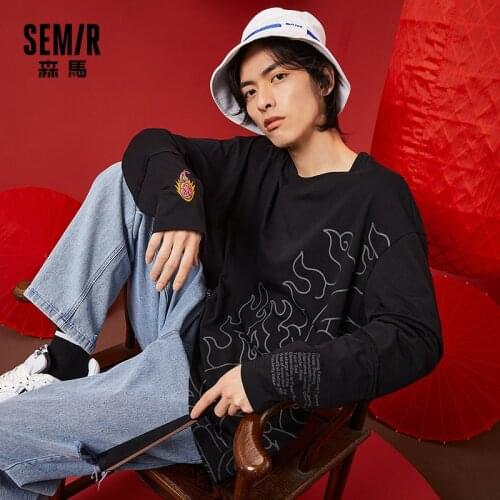 SEMIR National Tide T-Shirt Men Fashion Embroidered Long Sleeve Tops Boys Trend 2021 Spring