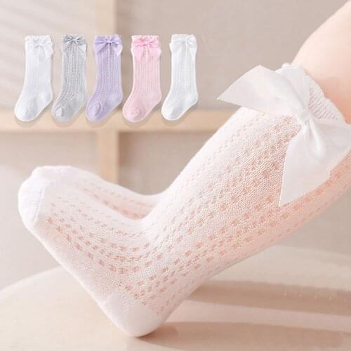 Summer Baby Girl Socks Bows Mesh Newborn Girl Knee High Socks Breathable Solid Color Soft Cotton Infant Toddler Long Socks