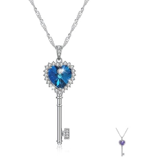 SILVERHOO 925 Sterling Silver Shining Key Of Love Pendant Necklaces For Women Colorful Austria Crystal Heart Necklace Wedding