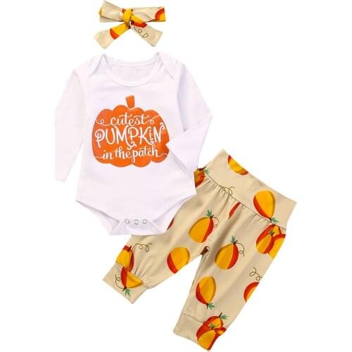 2020 New Fall Autumn Halloween Infant Baby Girls 3Pcs Outfit Pumpkin Letter Printed Long Sleeve Bodysuit+Long Pants+Headband