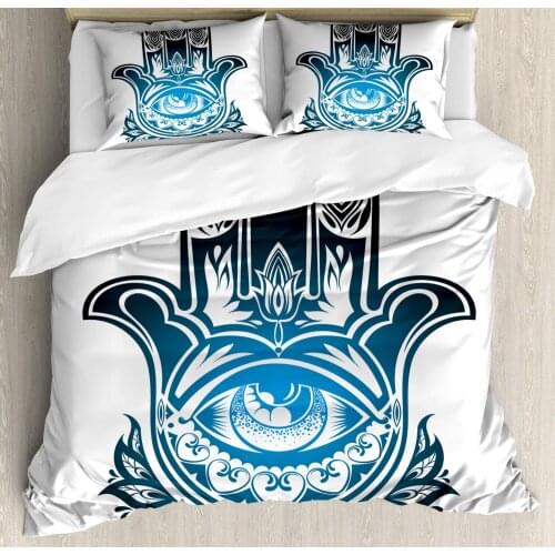Hamsa Duvet Cover Set Evil Eye Inside The Esoteric Protection 3 Piece Bedding Set White Black and Blue