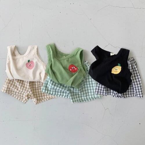 Korean Toddler Boys Tshirt Short Sets Baby Kids Cotton Sleeveless Vest Tops+Plaid Shorts 2pcs Suits Baby Girls Clothing Set