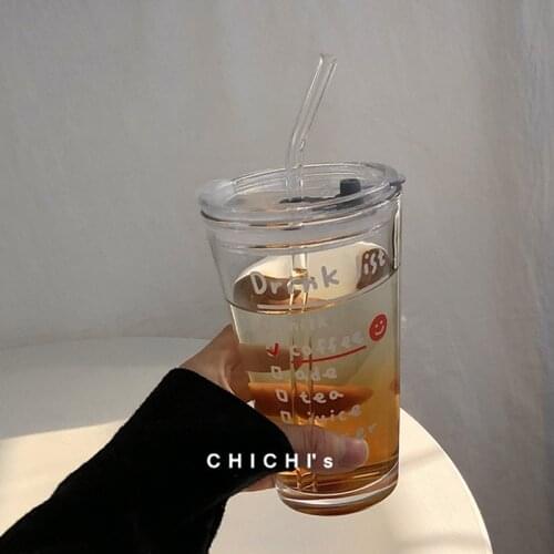 Korean Ins Style Straw Cup Large Capacity Simple Letter Glass Cup Coffee Breakfast Water Cup With Cover Straw Cute
