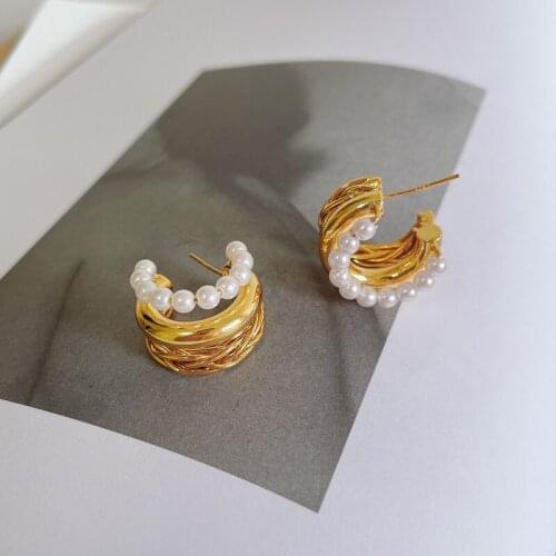 Small French pearl earrings New hemp braided hollow earrings vintage metal small circle earrings