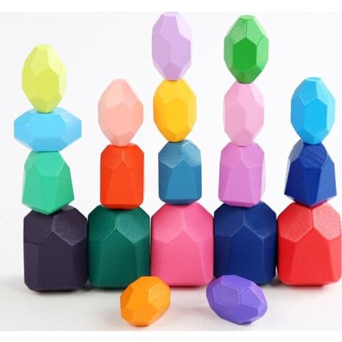 Montessori Kids Wooden Colored Stacked Stones Jenga Baby Hand-eye Coordination Exercises Color Cognition Educational Toys Gifts