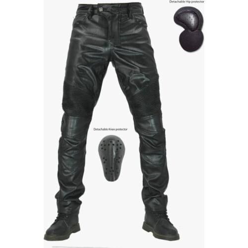 Idopy Men`s Faux Leather Pants PU Motorcycle Racing Biker Riding Motorbike Trousers With Protection Pad