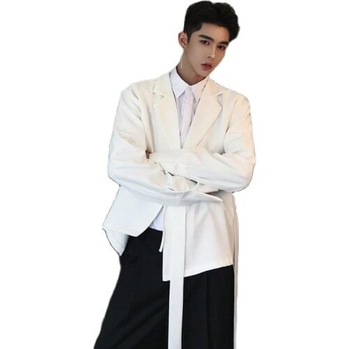 Men personality asymmetrical design hip hop blazer nightclub singer stage costume mens irregular chiffon belt suit jackets
