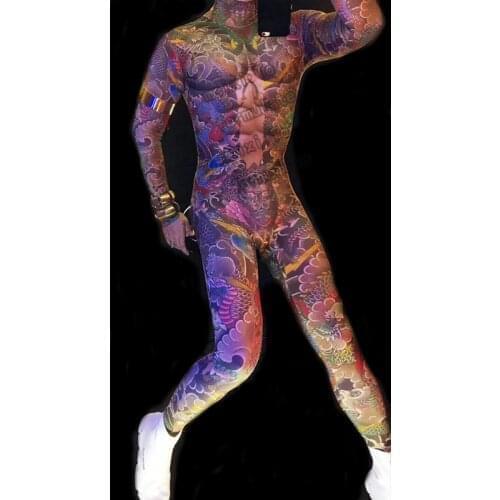 Mens muscular sexy tattoos elastic jumpsuit, nightclub concert, singer, dancer, costume