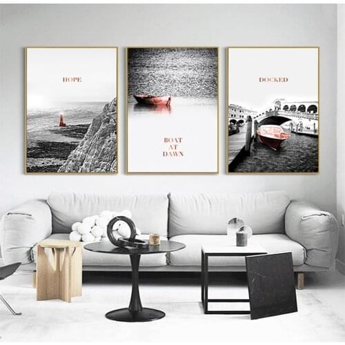 Nordic Posters And Prints Wall Art Modern Canvas Painting Scenery Black White Boat and Dock Picture Living Room Home Decoration