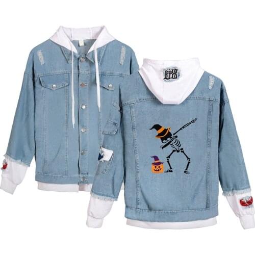 New France Style Mens Distressed Destroyed HALLOWEENR print Skull Biker Blue Denim Jacket Size XXS-4XL