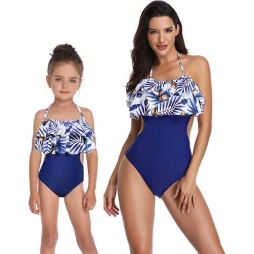 New 2021Summer One-Piece Mommy And Me Swimsuit One Shoulder Cut Out Swimsuit Mother And Daughter Print Family Matching Swimwear