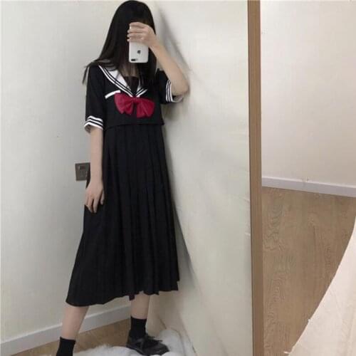 Japanese College Sailor Collar Long-Sleeved Dress Sweet Cute Bow Midi Loose Skirt Womens Summer school girl uniform