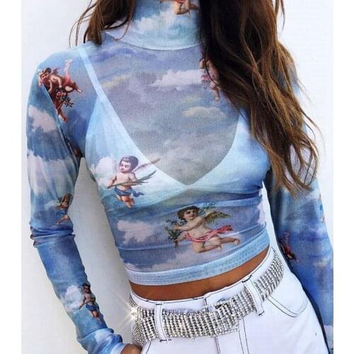 Angel Printed Transparent Mesh T-Shirt Women High Neck Long Sleeve Slim Basic Autumn Tops Pretty Girls Casual Shirts