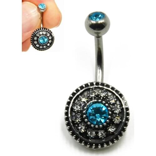 Showlove-Antique Steel Dotted Gem Belly Button Navel Ring Piericng 14G Body Jewelry