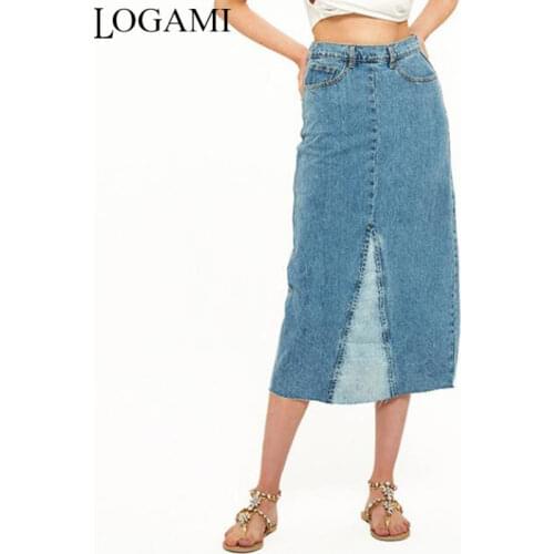 LOGAMI High Waist Patchwork Denim Skirts Womens Spring Summer Long Skirt Woman High Split Jean Skirts