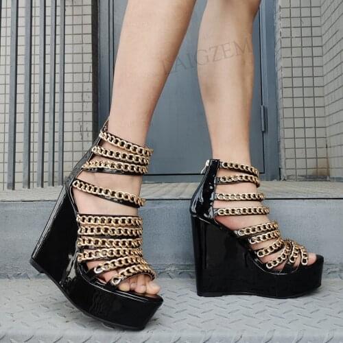 LAIGZEM Women Platform Wedges Sandals Shiny Black Metal Chains Open Toe Pumps Summer Party Club Shoes Woman Large Size 42 45 52