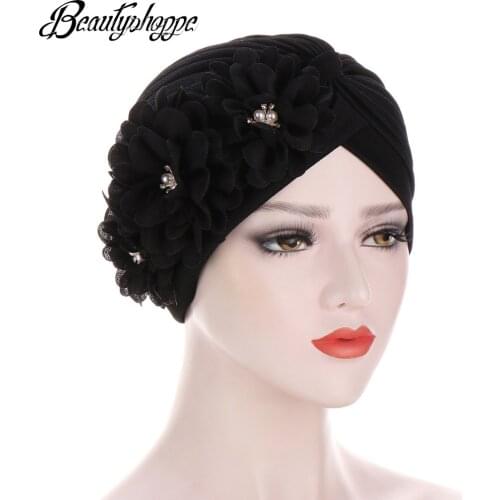 Women Flowers Ruffle Turban Caps Muslim Elastic Pearls Headscarf Bonnet Ladies Hair Accessories Indian Cap Turbante Mujer