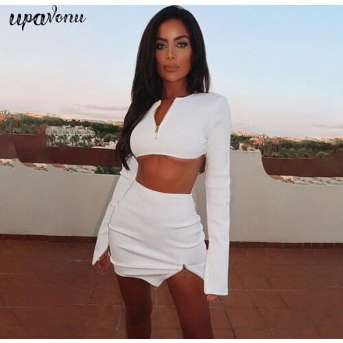 Free Shipping 2021 New Women Rowan Mini Skirt Set Elegant O-neck Zipper Long Sleeve Tight Top & Skirt Chic Ladies Two-piece Set