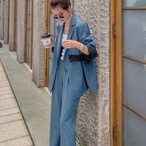 Womens Two Piece Striped Open Front Long Sleeve Blazer and High Waist Pant Set OL Lady Foram Suits