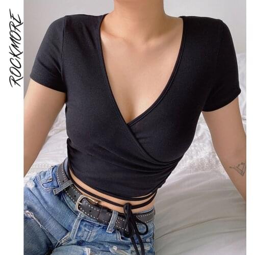 Rockmore See Through Top Mesh Off Shoulder Low Cut Sexy Tshirts For Women Ribbed Skinny Crop Tops Long Sleeve Casual Shirts Fall