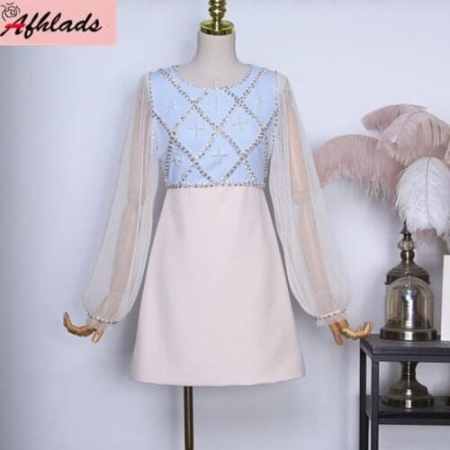 Small Fragrance Dress Long Sleeve Womens Clothing 2020 Autumn New Korean Beaded design High Quality Mini Party Vestidos Dress