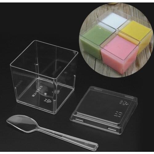 10pcs Disposable Square Cube Dessert Cake Cup With Spoons Lids Jelly Pudding Ice Cream Cups Birthday Wedding Party Supplies