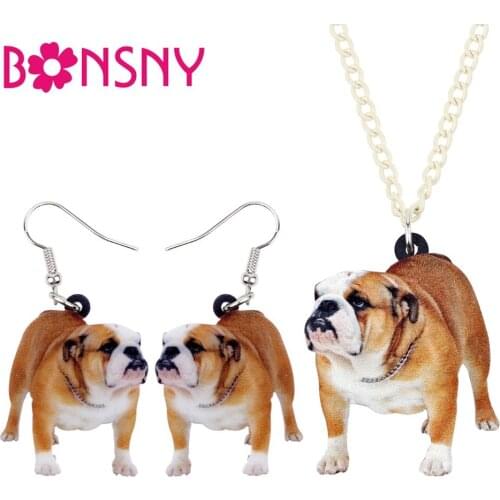 Bonsny Acrylic Jewelry Sets English Bulldog Dog Necklace Earrings Fashion Pendant For Women Girls Lovers Gift Decoration NE+EA