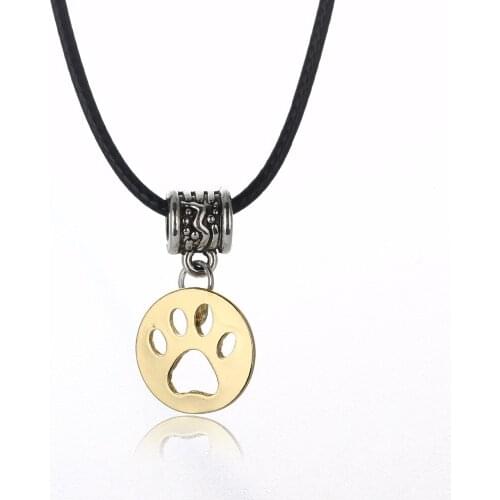 Bespmosp 24PC/Lot Wholesale Trendy Hollow Gold Paw Print Charm Pendant Necklace Dog Cat Lover Leather Chain Retro Bead Jewelry