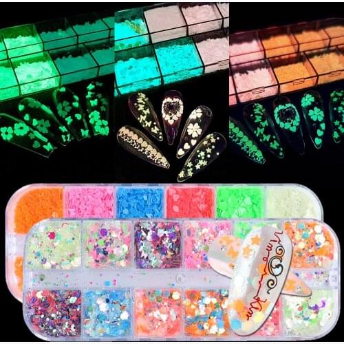 12 Grid/Set Nail Art Luminous Sequins Ins Butterfly Heart-shaped Stars Moon Nail Shiny Thin Sequins Nail Art Decoration