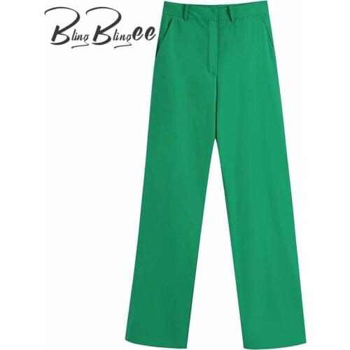 BlingBlingee Green Career Pants Summer High Waist Full Length Women Casual Straight Pants Office Lady Suit Pants Pantalons Femme