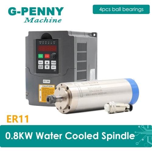 220V 800w ER11 CNC Water Cooling Spindle Motor 65x195mm 4 Bearings Wood Working & 1.5kw VFD Frequency Driver Speed Control