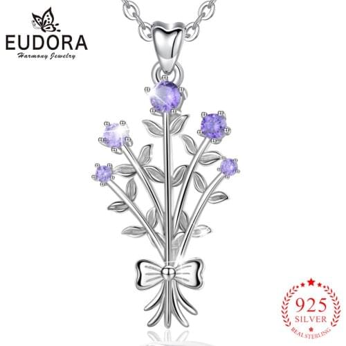 EUDORA Real 925 Sterling Silver Purple romantic lavender Necklace Pendant with purple CZ Women Fashion Jewelry with box D510