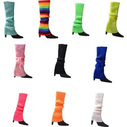 F3MD Women Vintage 80s Ribbed Knitted Leg Warmers Fluorescent Color Crochet Long Boot Socks Stockings for Party Dance Yoga