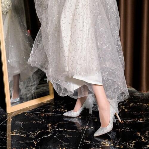 Exquisite Silver Wedding Shoes Bridal Shoes with Crystal Stiletto Heels Pointed Wedding Shoes Bow High Heels Party Ladies