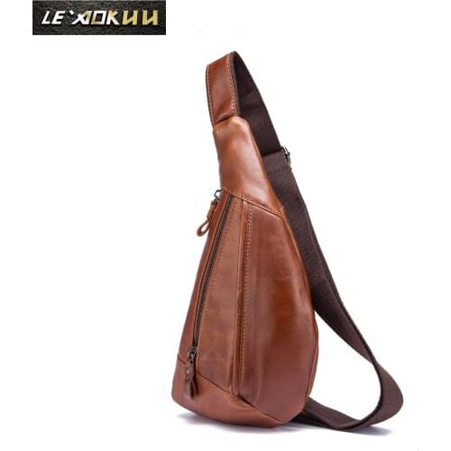 Quality Mens Original Leather Fashion Tringle Chest Pack Bag Design Male Sling Crossbody One Shoulder Bag Backpack Daypack 8807