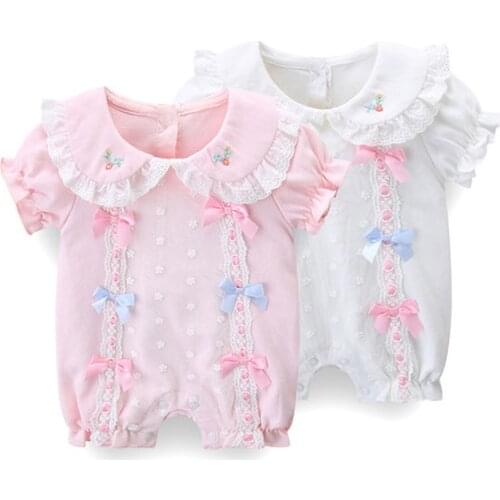 Newborn Shorts Romper Summer New Girls' Cotton Bowknot Embroidery Lapel Short-Sleeved Clothes