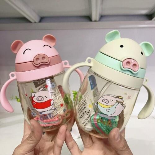 Infant Childrens Cute Piglet Deer Bite Anti-choke Learning Drinking Cup Child Handle Straw Cup Strap Dual Purpose Water Bottle