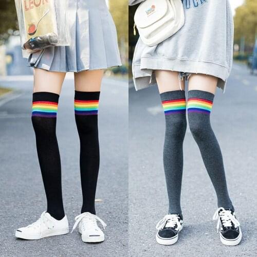 Rainbow over the knee socks winter rainbow stripes wild street womens socks fashion trend girl ladies