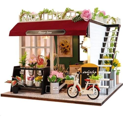 New DIY Wooden Dollhouse Kit Miniature With Furniture Light Flower Shop Cottage Casa Doll House Toys for Girls Xmas Gifts