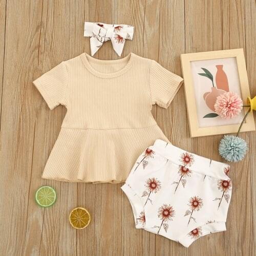 Newborn Baby Girls Boys Clothes Sets 3pcs Solid Color Ribbing Short Sleeve T-shirt Flower Print Shorts Bow Headband