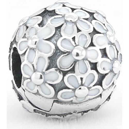 Original White Enamel Daisy Meadow Clip Stopper Beads Fit 925 Sterling Silver Bead Charm Bracelet Diy Jewelry
