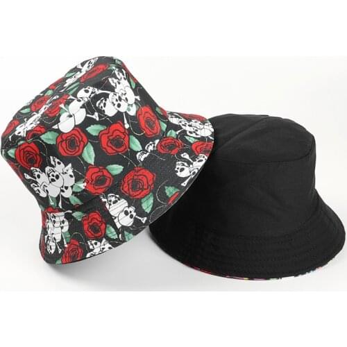 Cotton Rose Skull Print Bucket Hat Fisherman Hat Outdoor Travel Hat Sun Cap Hats for Women 273