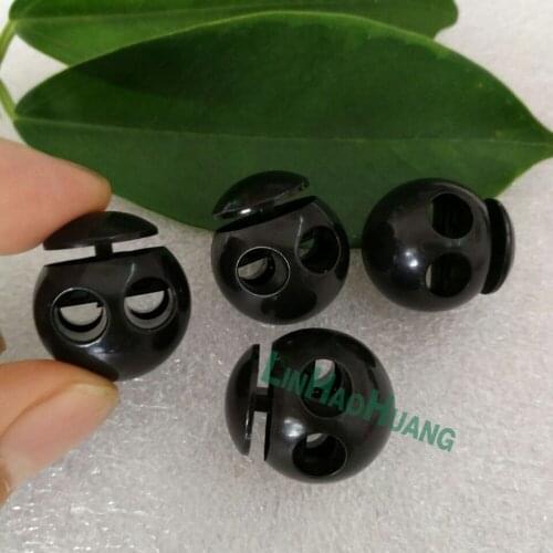 50pcs/Lot Black 5mm 2 Holes Plastic Round Ball Cord Lock End Toggles Spring Clip Stoppers For Bungee Shock Cord 2017071901